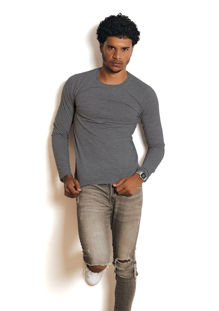 mens gray classic fit t-shirt long sleeve crew neck  triblend lifestyle images