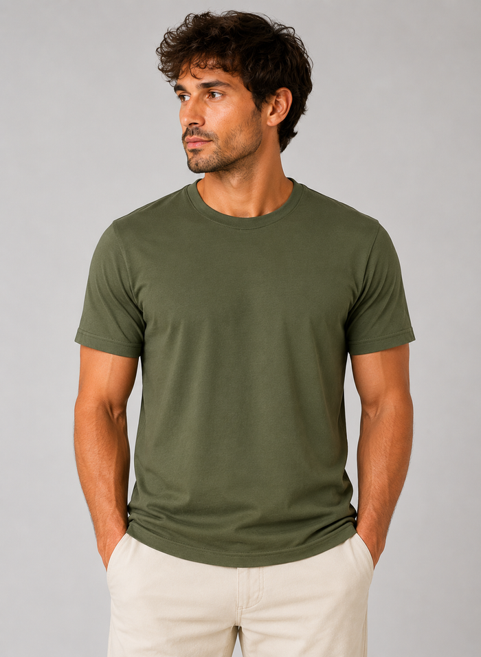 mens military green classic fit t-shirt short sleeve crew-neck airlume cotton  image view