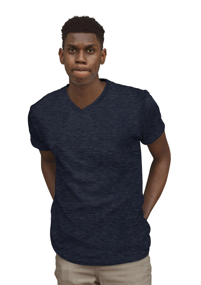 mens navy classic fit t-shirt short sleeve v-neck heather airlume cotton lifestyle image