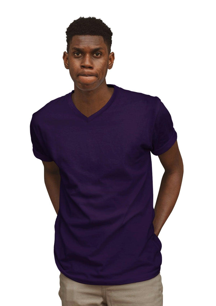mens purple classic fit t-shirt v-neck short sleeve airlume cotton lifestyle image