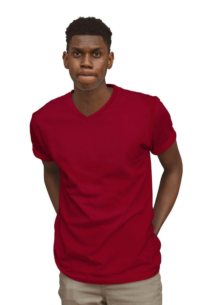 mens red classic fit t-shirts v-neck short sleeve airlume cotton lifestyle image