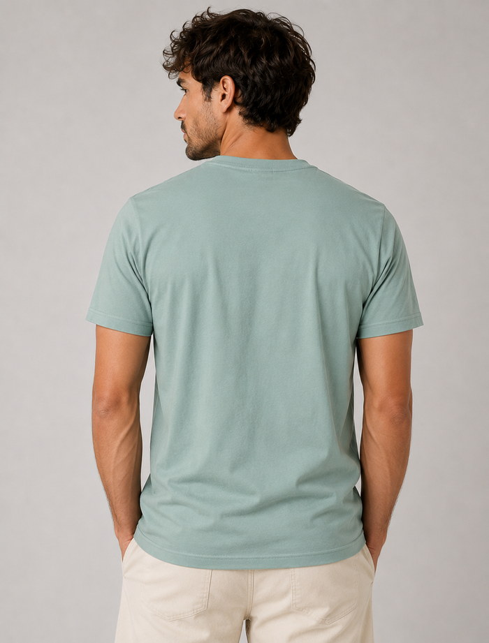 mens sea glass blue classic fit t-shirt short sleeve crew neck airlume cotton back image view.