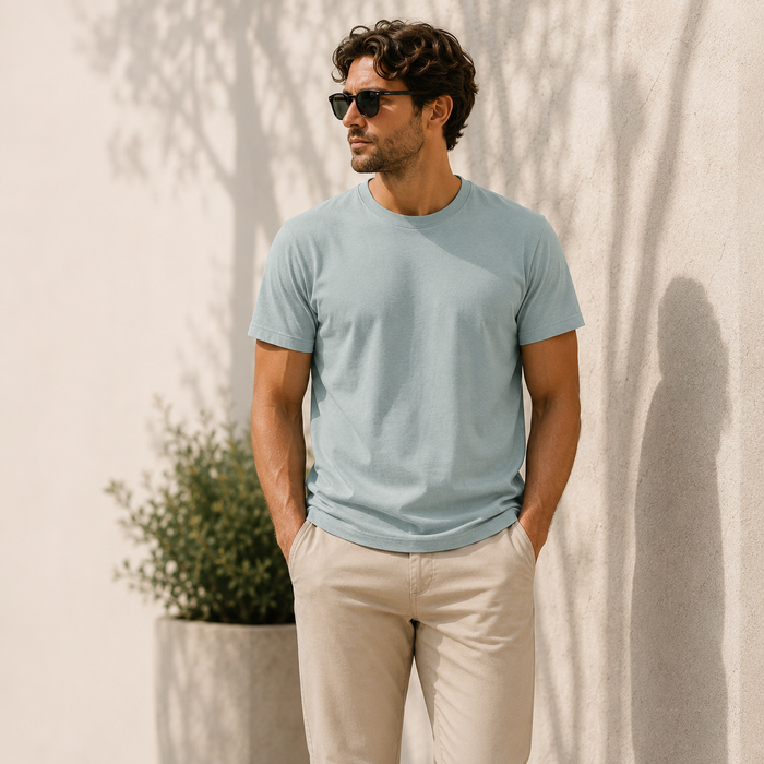 mens sea glass blue classic fit t-shirt short sleeve crew neck airlume cotton lifestyle image view.