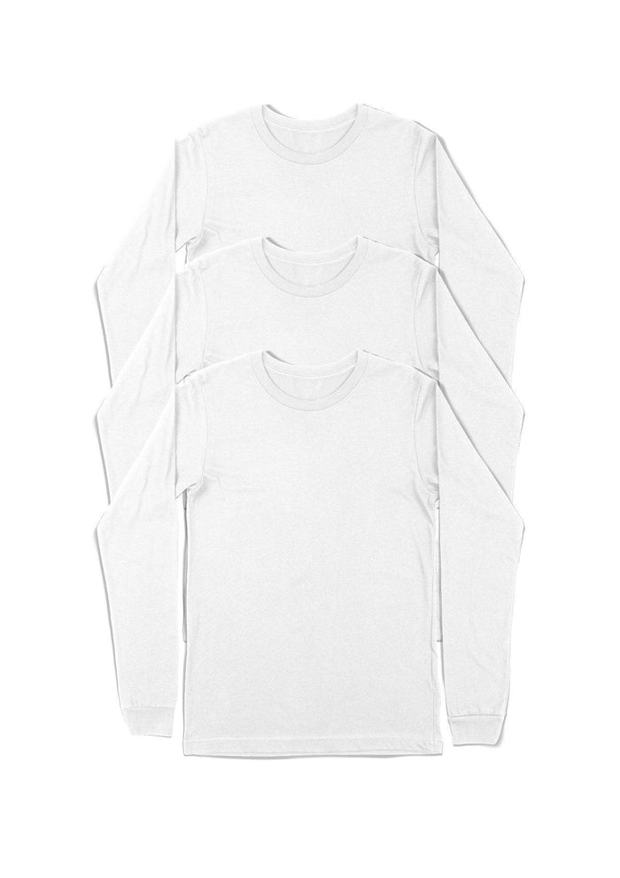 mens white classic fit t-shirt crew neck long sleeve 3 pack bundle flat front view