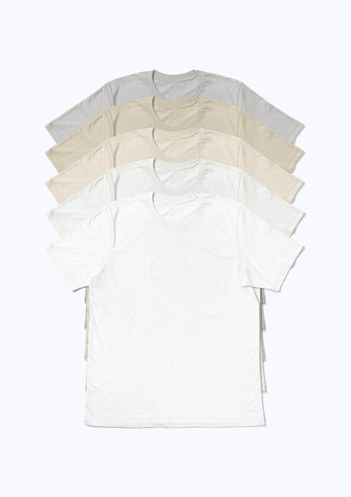 mens white shades crew neck premium airlume cotton 5 pack bundle flat front view