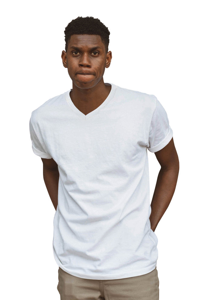 men's white v neck short sleeve t-shirt lifestyle image