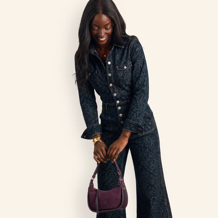 Mia Crescent Small Hobo In Suede Leather - Dark Cherry
