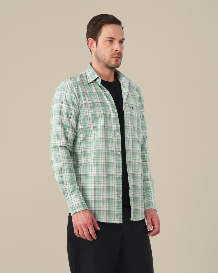 Mint Green Plaid 100% Cotton Slub Dobby Shirt