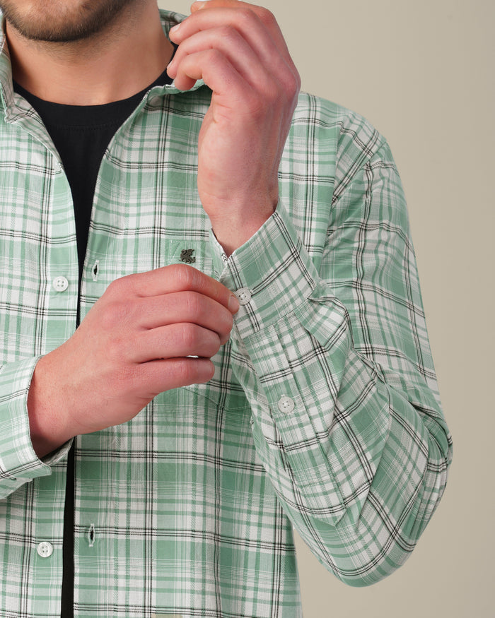 Mint Green Plaid 100% Cotton Slub Dobby Shirt