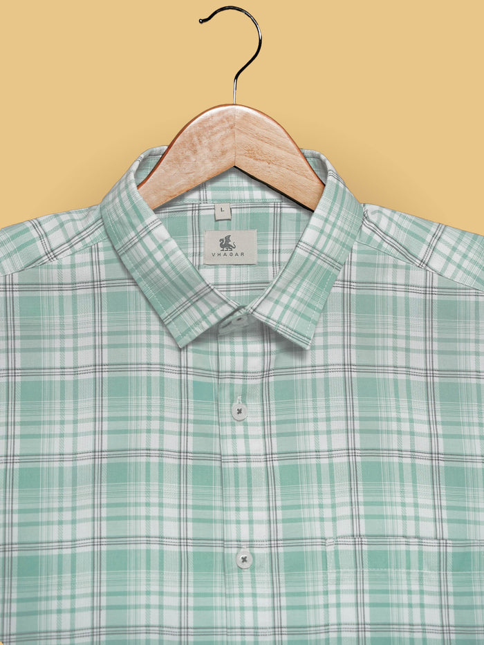 Mint Green Plaid 100% Cotton Slub Dobby Shirt