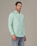 Mint Green Striped Cotton-Poly Blend Button-Up Shirt