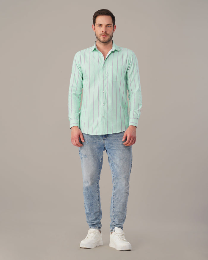 Mint Green Striped Cotton-Poly Blend Button-Up Shirt