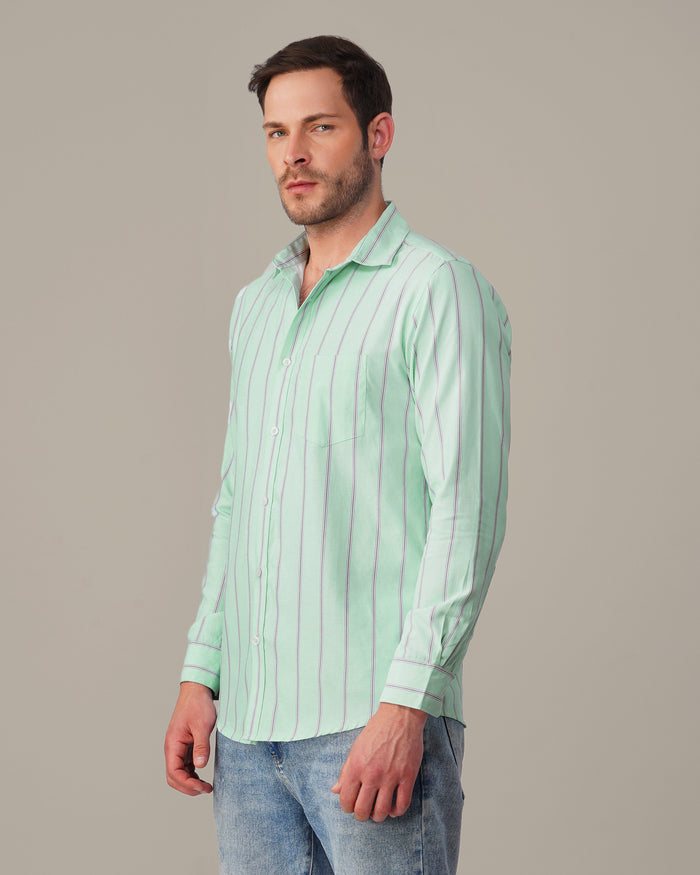 Mint Green Striped Cotton-Poly Blend Button-Up Shirt