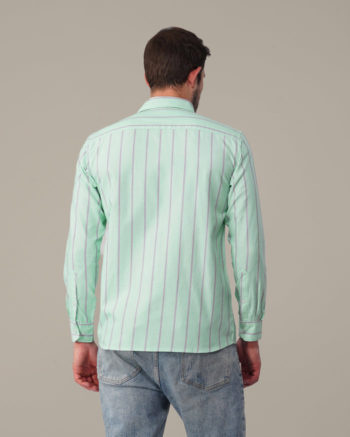 Mint Green Striped Cotton-Poly Blend Button-Up Shirt