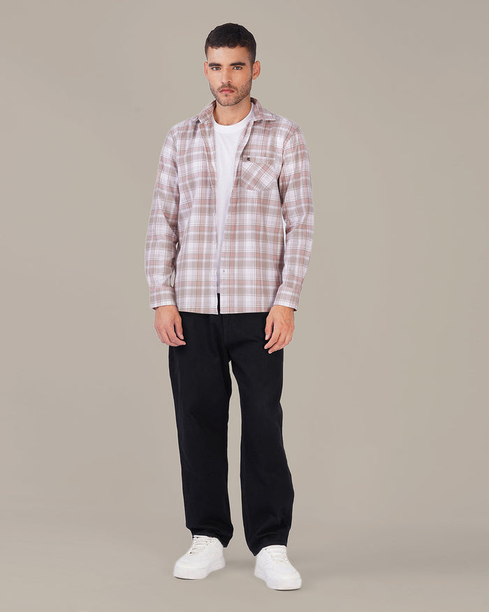 Muted Gray and Pink Plaid 100% Cotton Slub Shirt
