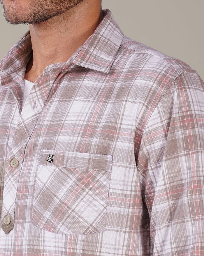 Muted Gray and Pink Plaid 100% Cotton Slub Shirt