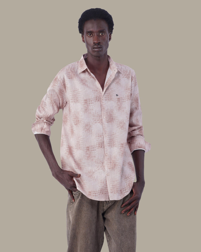 Natural Beige Abstract Linen Plus Button-Up Shirt