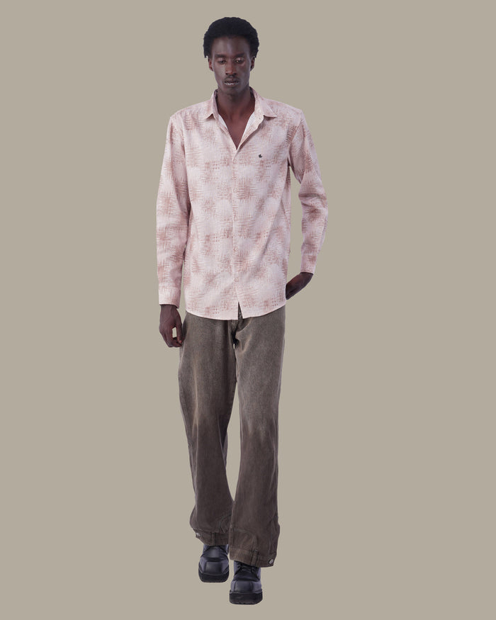 Natural Beige Abstract Linen Plus Button-Up Shirt