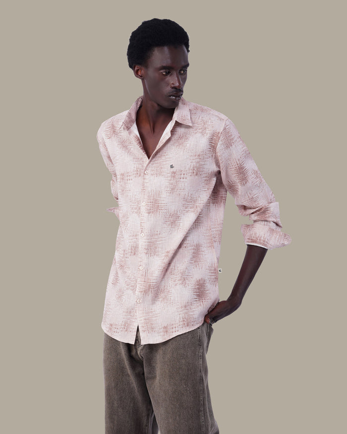Natural Beige Abstract Linen Plus Button-Up Shirt