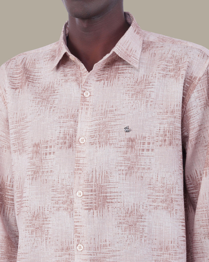 Natural Beige Abstract Linen Plus Button-Up Shirt