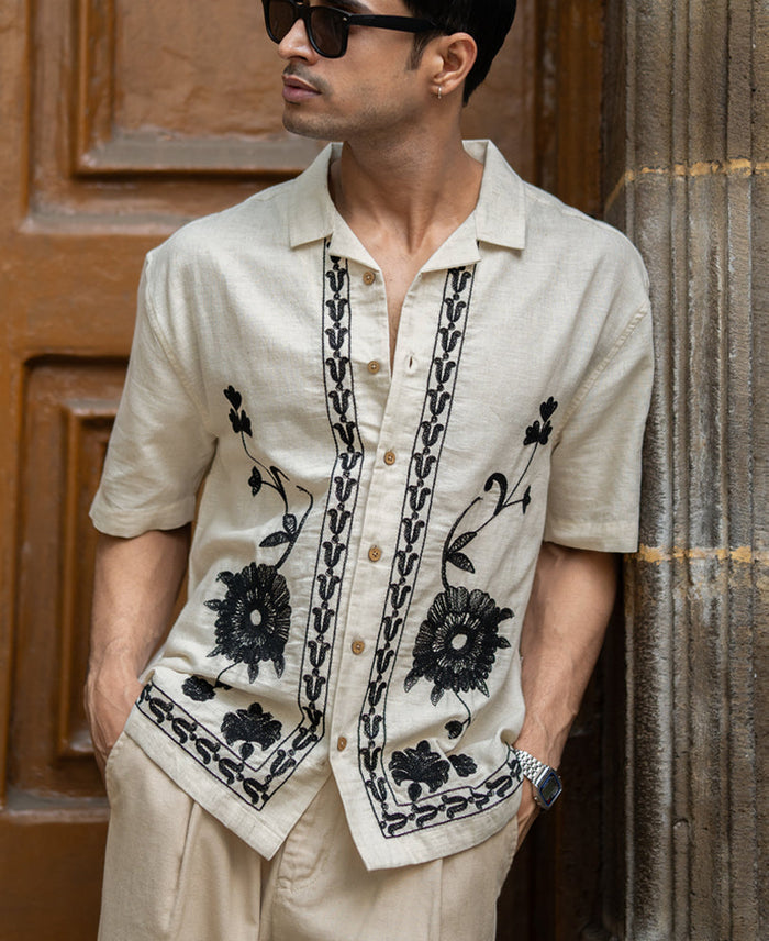 Natural Embroidery Linen Shirt 100% Cotton