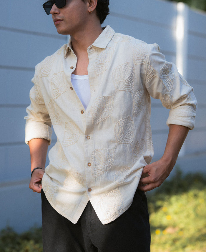 Natural Linen Blend Embroidered Shirt