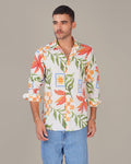 Natural Slub Floral Print Poly-Linen Blend Shirt