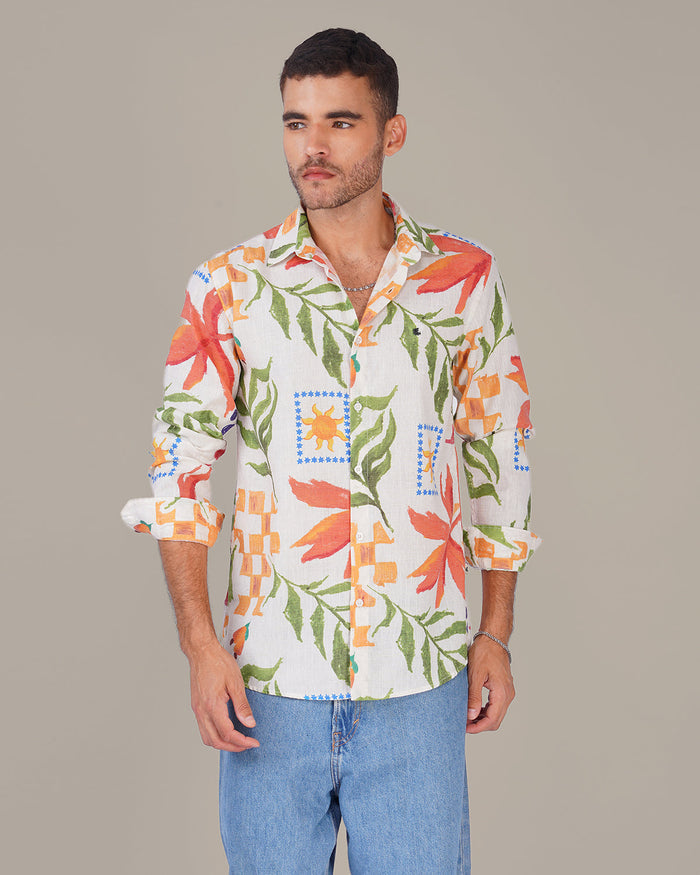 Natural Slub Floral Print Poly-Linen Blend Shirt