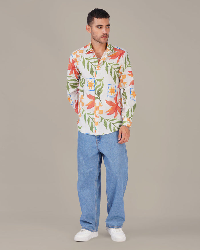 Natural Slub Floral Print Poly-Linen Blend Shirt