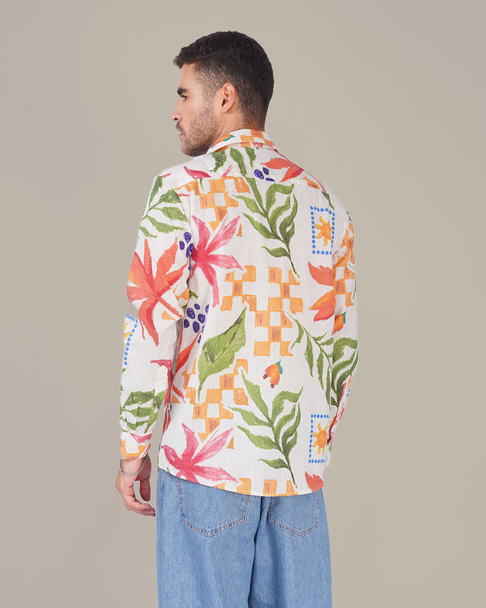 Natural Slub Floral Print Poly-Linen Blend Shirt