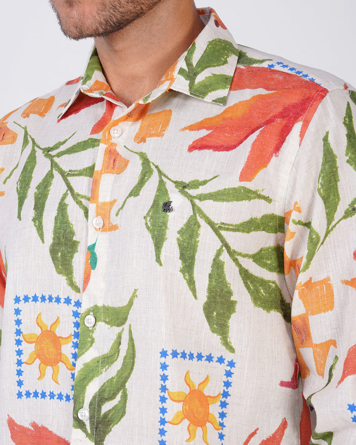Natural Slub Floral Print Poly-Linen Blend Shirt