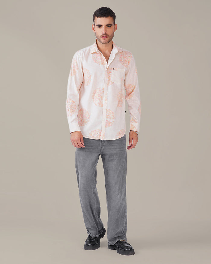 Natural Slub Plain Cream Polka Dot 100% Poly/Linen Blend Shirt