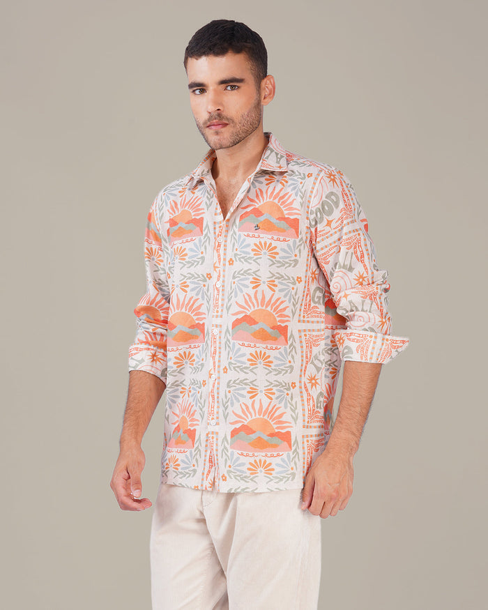 Natural Slub Print Cotton-Blend Button-Up Shirt