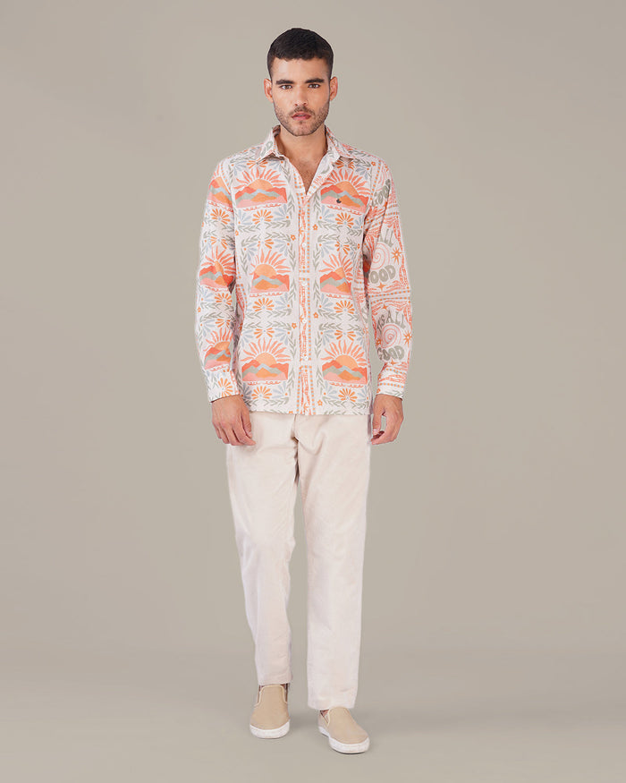 Natural Slub Print Cotton-Blend Button-Up Shirt
