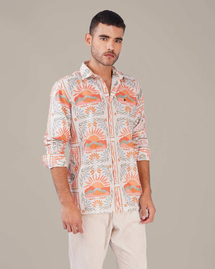 Natural Slub Print Cotton-Blend Button-Up Shirt