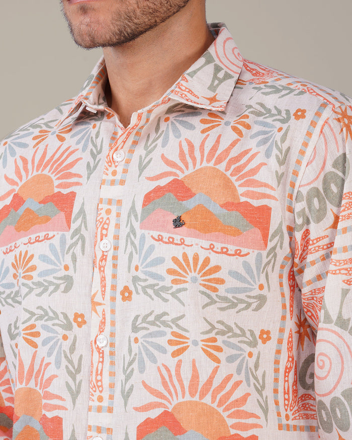 Natural Slub Print Cotton-Blend Button-Up Shirt