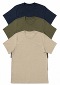 Men's 3 Pack Bundle - 3 short-sleeve crew-neck t-shirts on a white background, shown in navy blue, military green, and sand