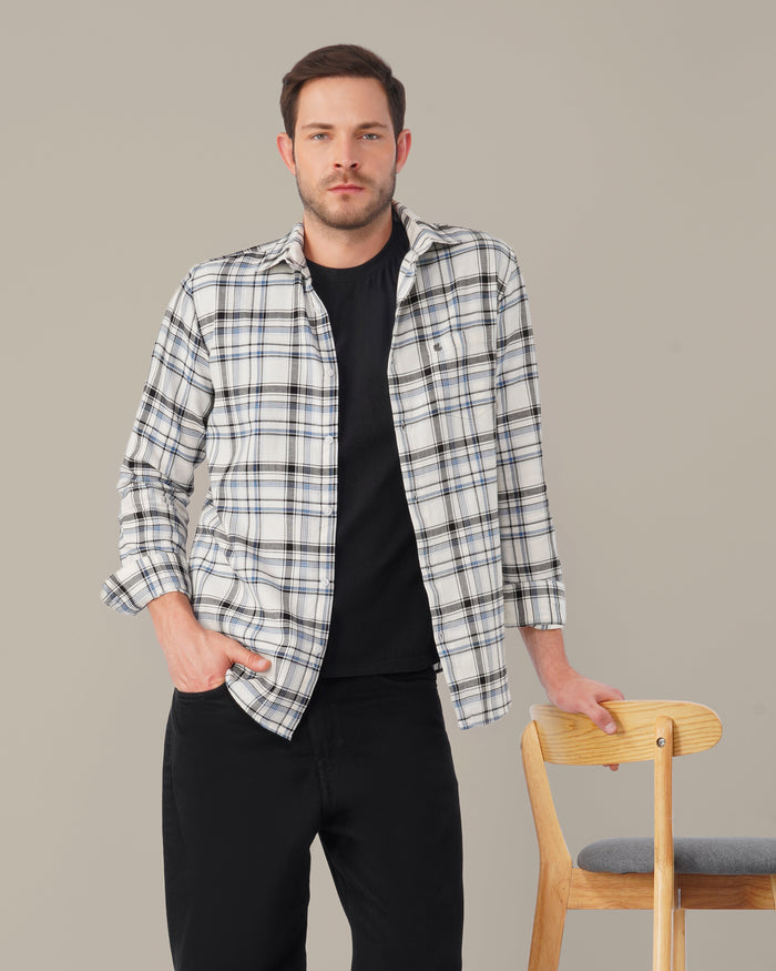 Navy and Black Plaid 100% Cotton Poplin Shirt