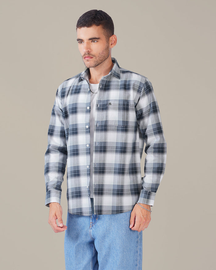 Navy and White Checkered 100% Cotton Oxford Shirt