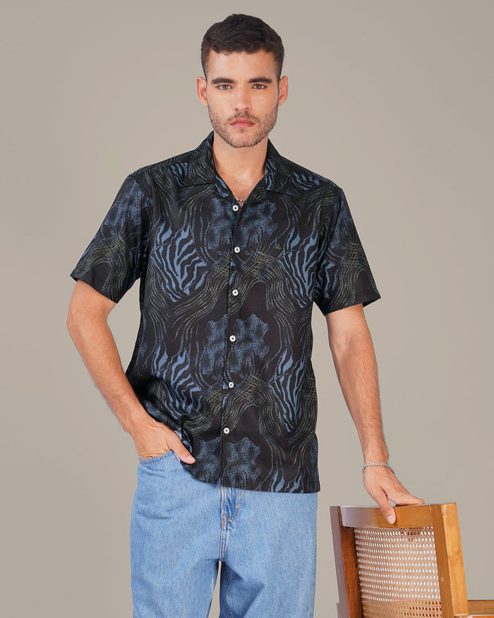 Navy Blue Abstract Print Polyester Poplin Short Sleeve Shirt