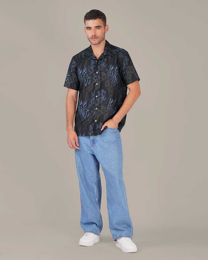 Navy Blue Abstract Print Polyester Poplin Short Sleeve Shirt