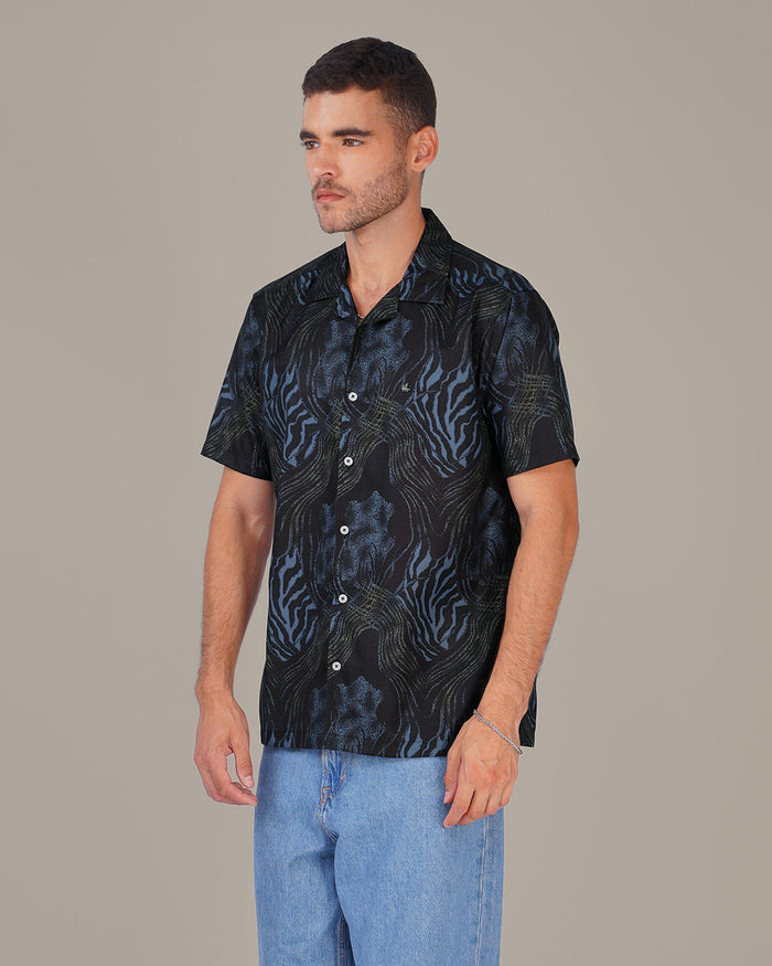 Navy Blue Abstract Print Polyester Poplin Short Sleeve Shirt