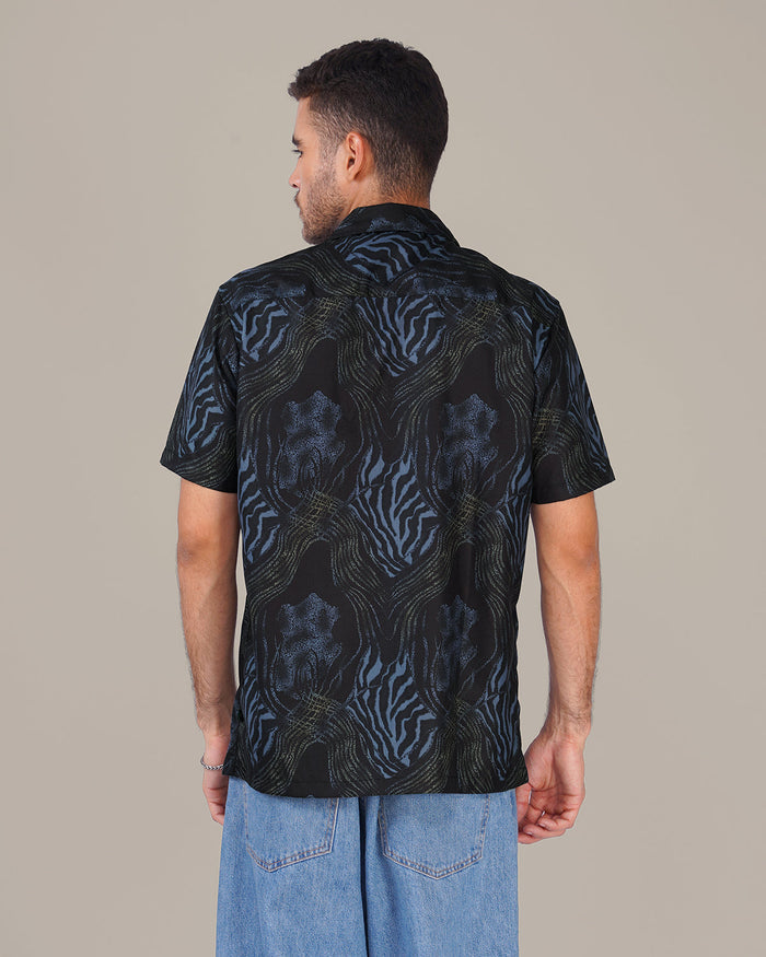 Navy Blue Abstract Print Polyester Poplin Short Sleeve Shirt
