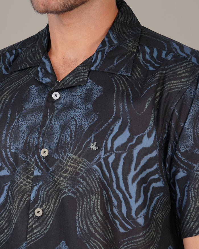 Navy Blue Abstract Print Polyester Poplin Short Sleeve Shirt