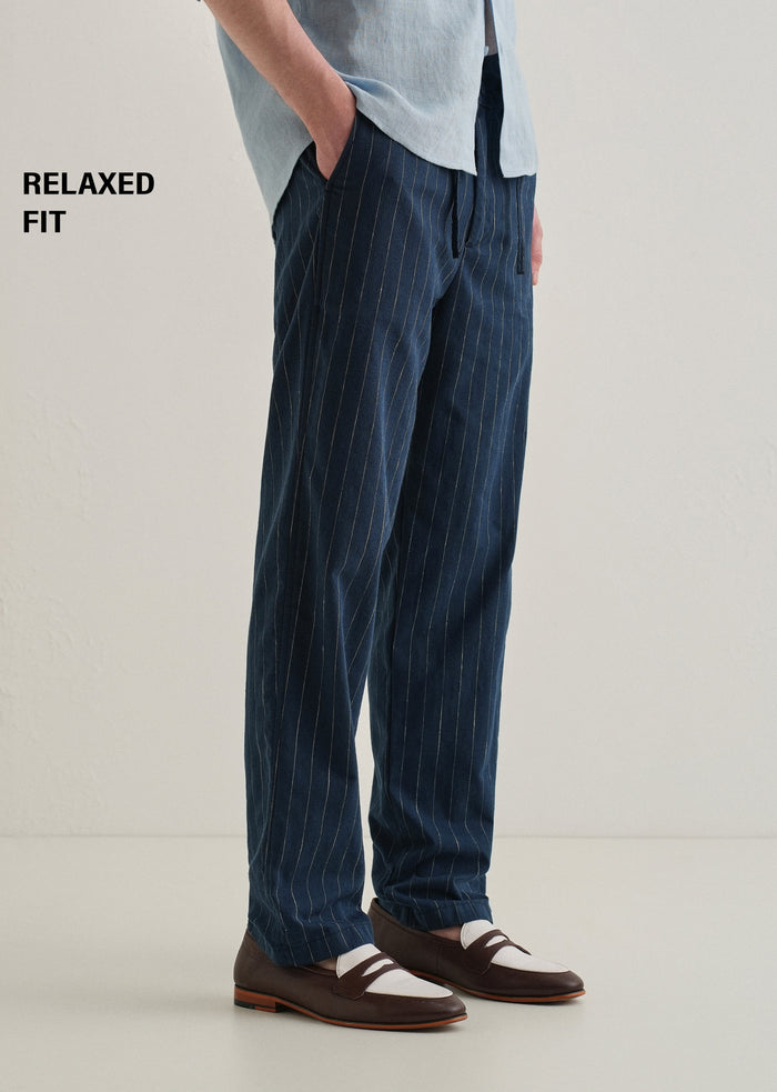 Navy Blue Stripe Relaxed Linen Trouser