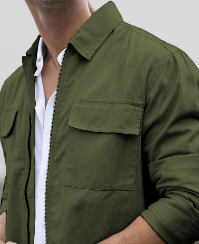Olive Structured Zipper Overshirt 100% Cotton
