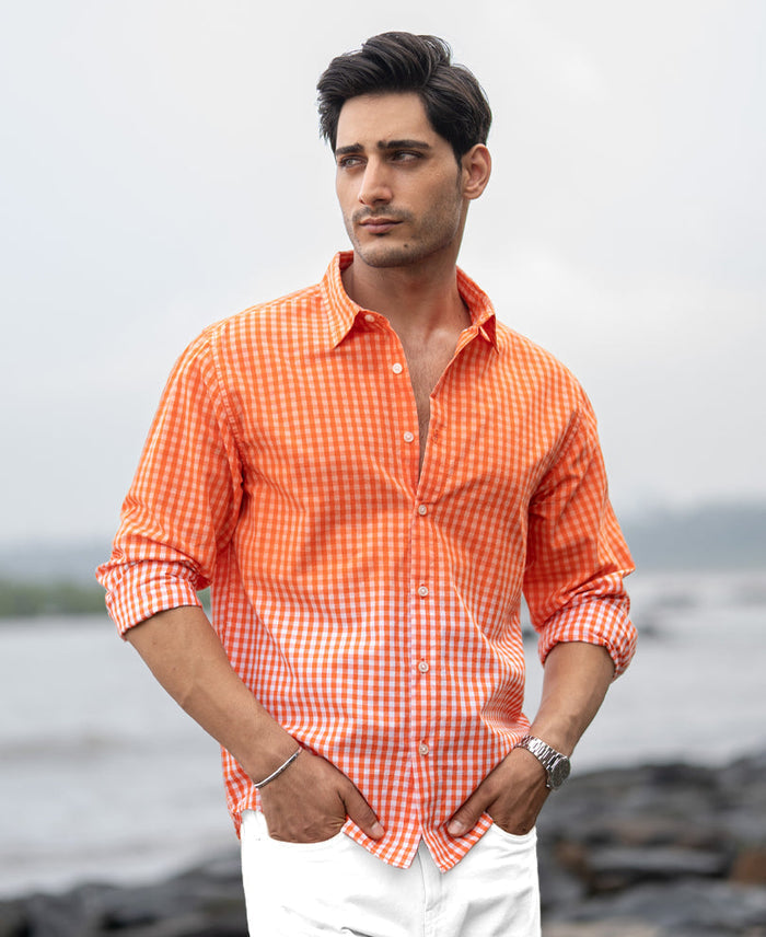 Orange Spray Checks Shirt 100% Cotton
