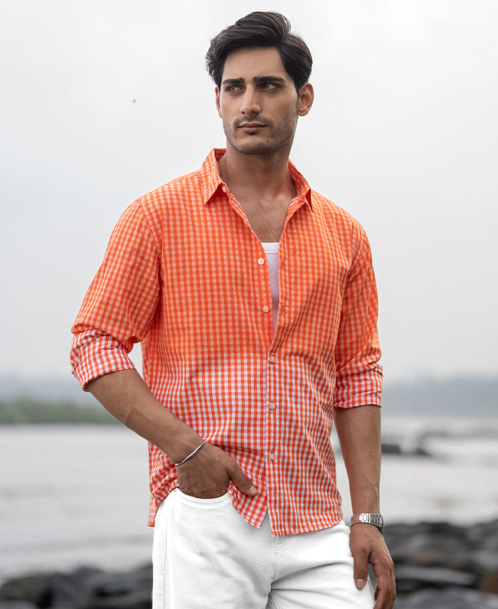 Orange Spray Checks Shirt 100% Cotton