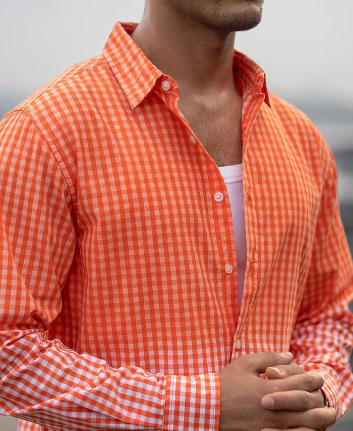 Orange Spray Checks Shirt 100% Cotton