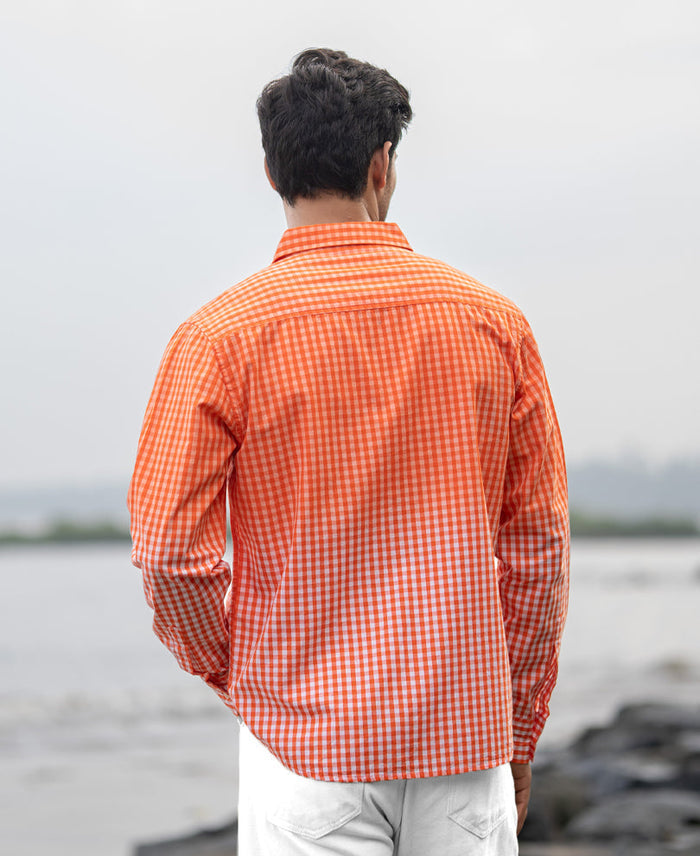 Orange Spray Checks Shirt 100% Cotton